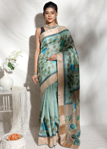 Sky Blue Hand Painted Pure Zari Silk Mark Certified Tussar Silk Sarees