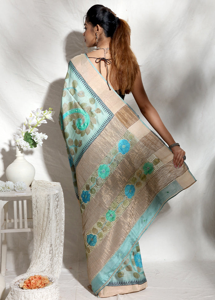 Sky Blue Hand Painted Pure Zari Silk Mark Certified Tussar Silk Sarees