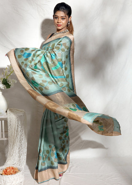 Sky Blue Hand Painted Pure Zari Silk Mark Certified Tussar Silk Sarees