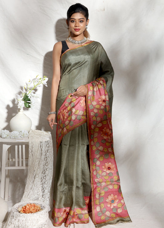 Grey Multi Color Hand Painted Pure Zari Silk Mark Certified Tussar Silk Sarees