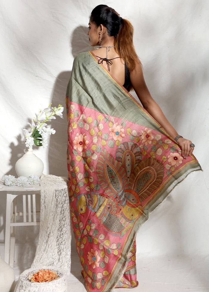 Grey Multi Color Hand Painted Pure Zari Silk Mark Certified Tussar Silk Sarees