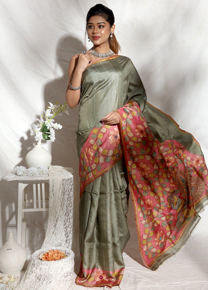 Grey Multi Color Hand Painted Pure Zari Silk Mark Certified Tussar Silk Sarees