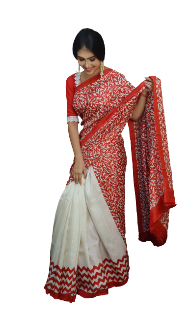 White & Red Contrast Block Printed Pure Silk Mark Certified Bishnupuri Silk Sarees