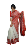 White & Red Contrast Block Printed Pure Silk Mark Certified Bishnupuri Silk Sarees