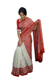 White & Red Contrast Block Printed Pure Silk Mark Certified Murshidabad Silk Sarees