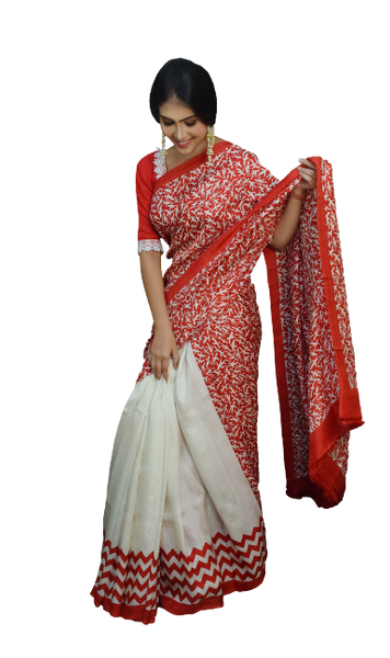 White & Red Contrast Block Printed Pure Silk Mark Certified Bishnupuri Silk Sarees