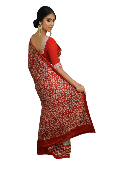 White & Red Contrast Block Printed Pure Silk Mark Certified Bishnupuri Silk Sarees