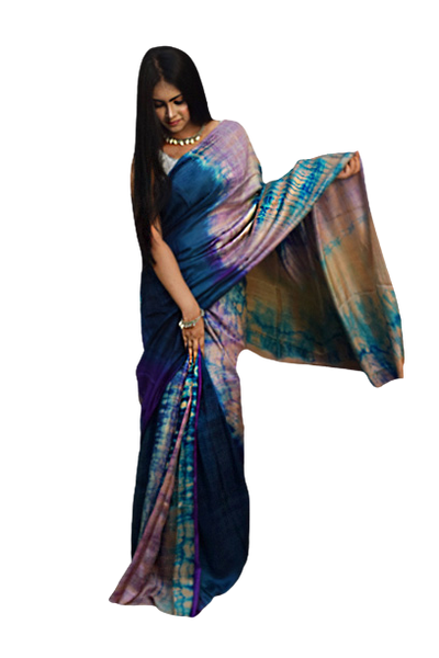 Multicolor of Blue Shades Tie Dye Pure Silk Mark Certified Murshidabad Silk Sarees