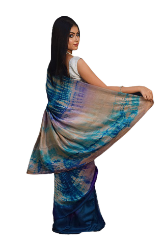 Multicolor of Blue Shades Tie Dye Pure Silk Mark Certified Murshidabad Silk Sarees