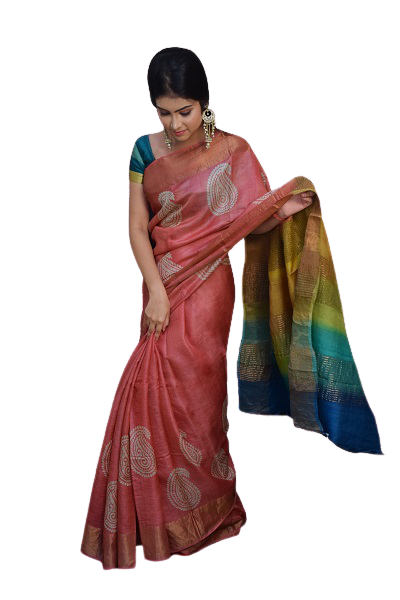 Light Pink Block Printed Zari Border Gachi Pure Silk Mark Certified Tussar Silk Sarees