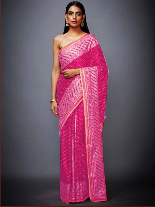 Pink silver zari Silk Party Wear Sarees