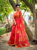 Red Applique Work Pure Cotton Handloom Sarees Get Extra 10% Discount on All Prepaid Transaction