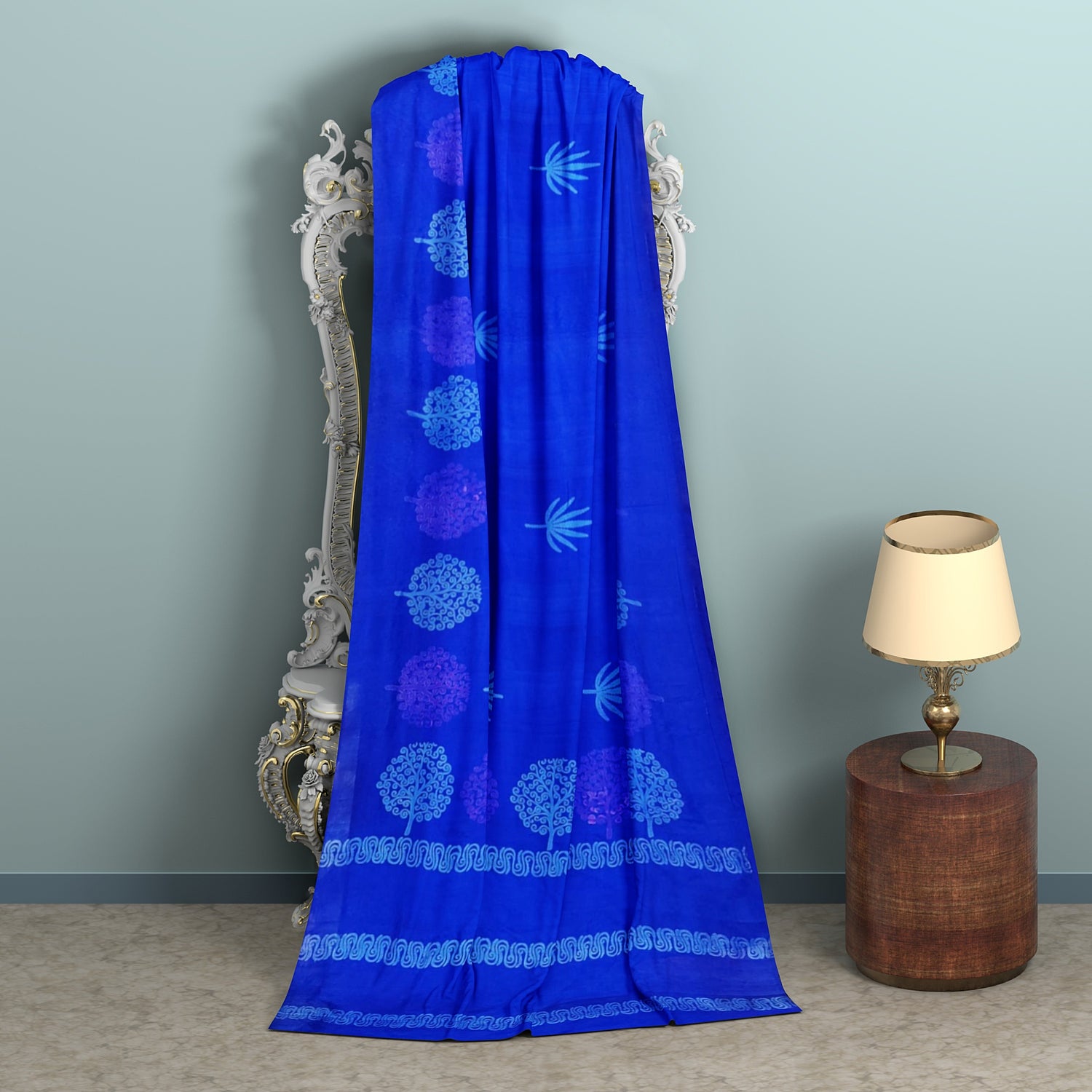 Cobalt Blue Block Printed Pure Silk Mark Certified Murshidabad Silk Sarees - Dailybuyys