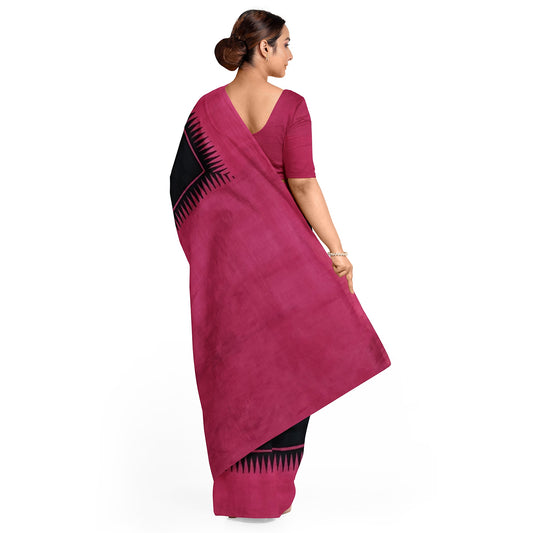 Pink and Black Block printed Pure Silk Mark Certified Bishnupuri Silk Sarees - Dailybuyys