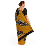 Mustard Yellow with Choclate Colour Border Hand Painted Pure Silk Mark Certified Murshidabad Silk Sarees Get Extra 10% Discount on All Prepaid Transaction