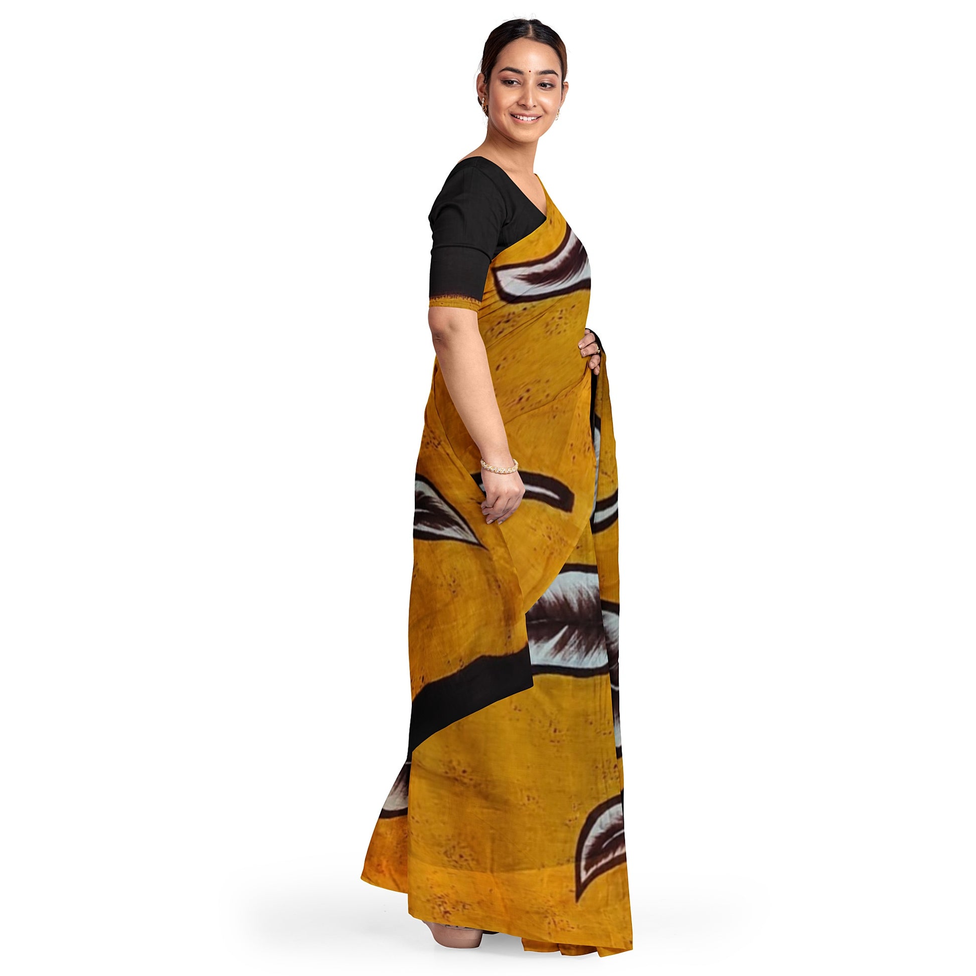 Mustard Yellow with Choclate Colour Border Hand Painted Pure Silk Mark Certified Bishnupuri  Silk Sarees - Dailybuyys