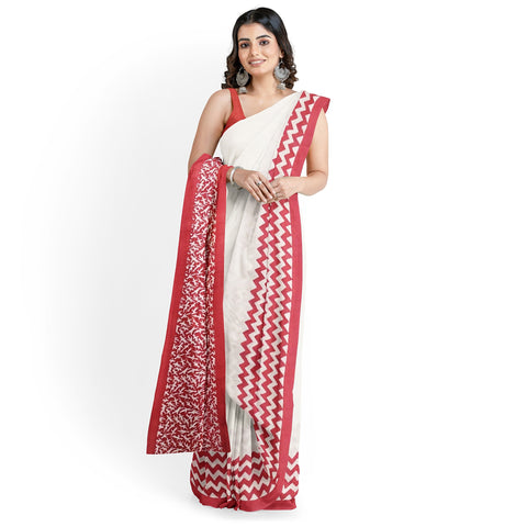 White and Red  Pure Silk Mark Certified Bishnupuri Silk Silk Sarees Get Extra 10% Discount on All Prepaid Transaction