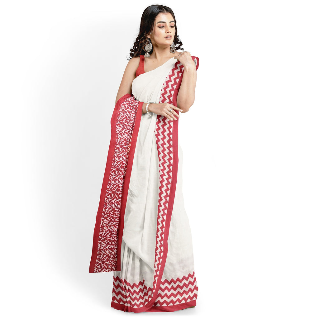White and Red  Pure Silk Mark Certified Murshidabad Silk Sarees Get Extra 10% Discount on All Prepaid Transaction