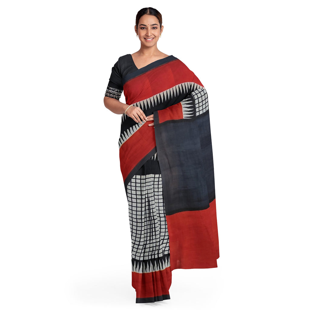 Red and Black Block Printed Pure Silk Mark Certified Murshidabad Silk Sarees Get Extra 10% Discount on All Prepaid Transaction