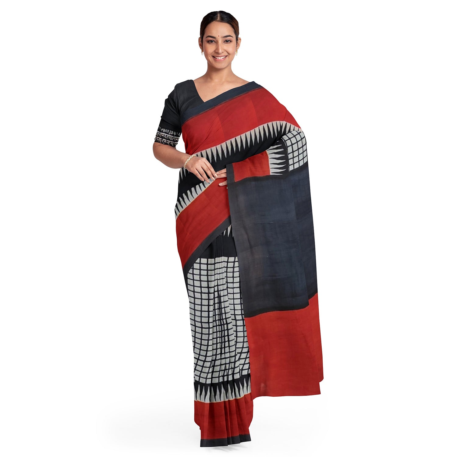 Red and Black Block Printed Pure Silk Mark Certified Bishnupuri Silk Sarees - Dailybuyys