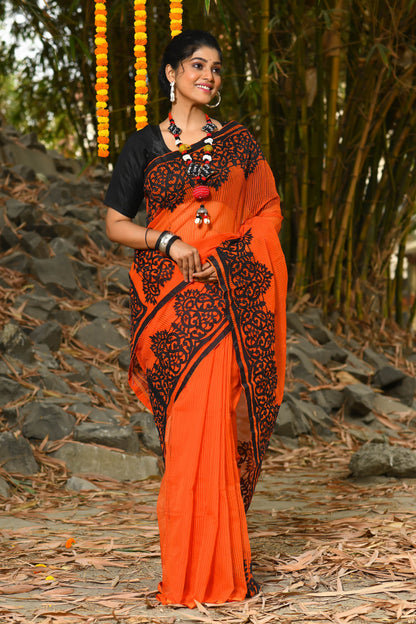 Orange Pure Cotton Embroidery Applique Sarees