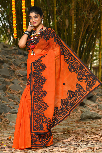 Orange Pure Cotton Embroidery Applique Sarees