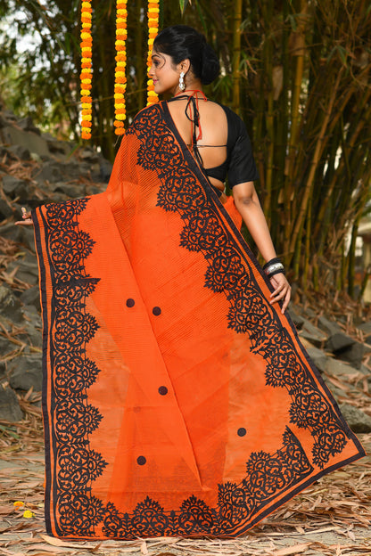 Orange Pure Cotton Embroidery Applique Sarees