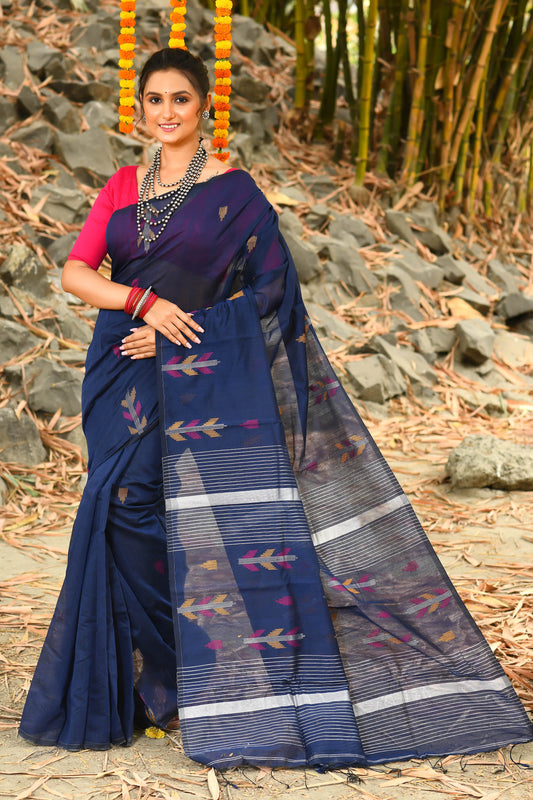 Beautiful Blue Handloom Jamdani Cotton Sarees