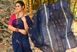 Beautiful Blue Handloom Jamdani Cotton Sarees Get Extra 10% Discount on All Prepaid Transaction