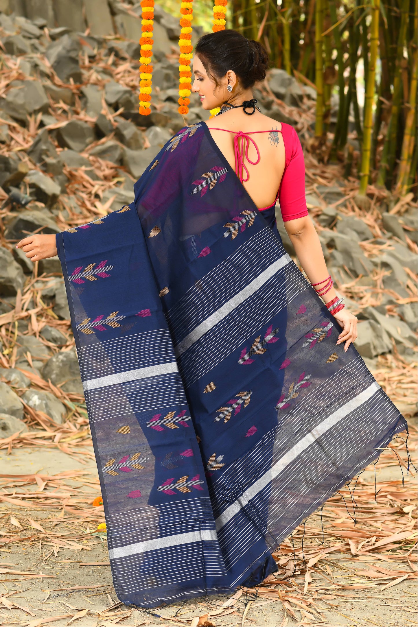 Beautiful Blue Handloom Jamdani Cotton Sarees