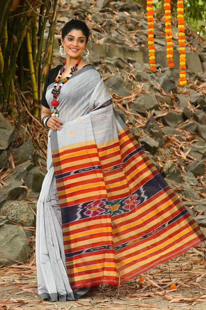 Beautiful Ash Color Handloom Cotton Sarees Get Extra 10% Discount on All Prepaid Transaction