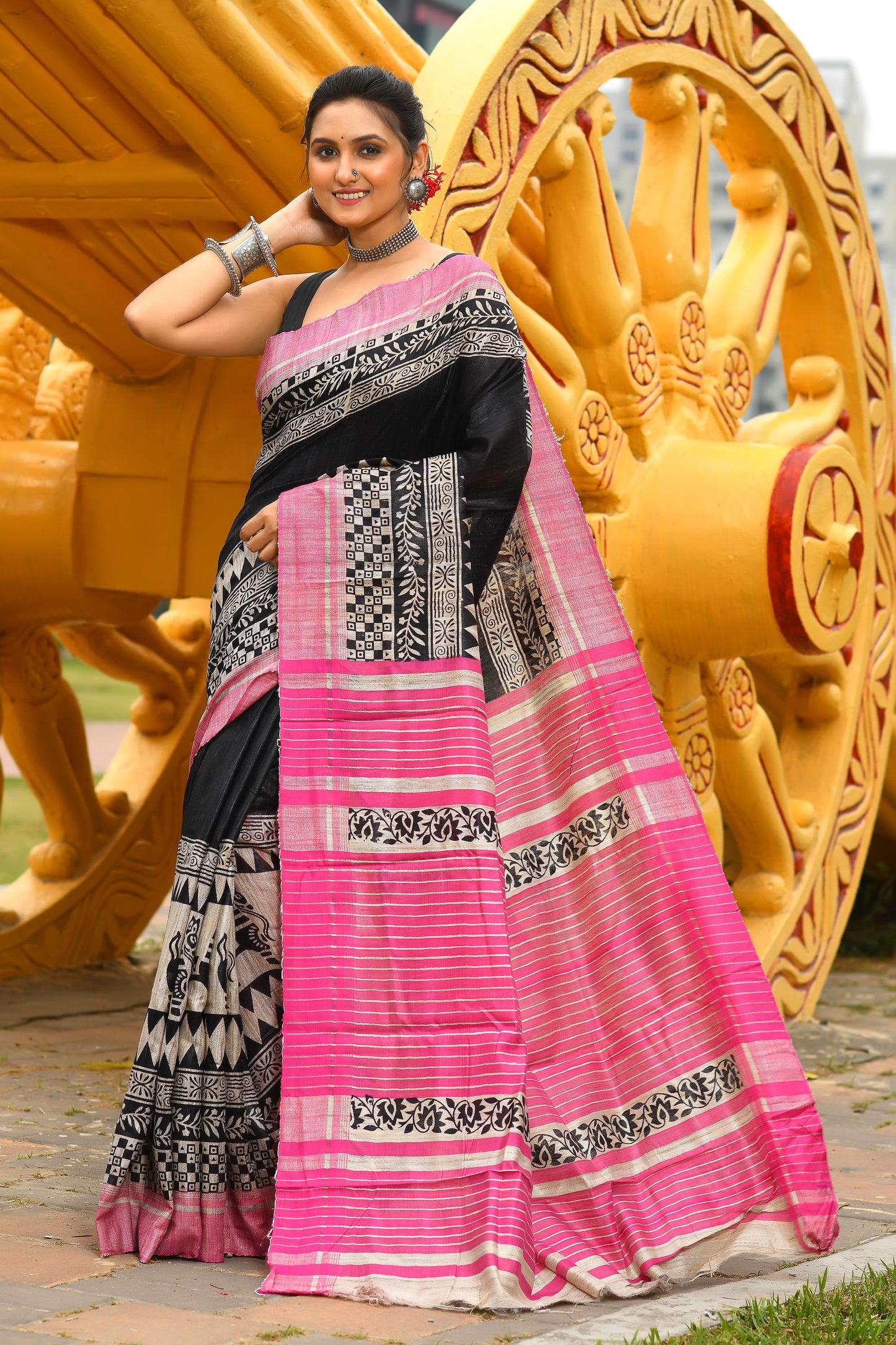 Black Color Beautiful Design Block Printed Ghicha Tussar Silk Saree