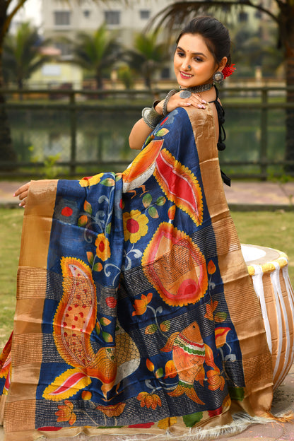 Hand Painted Kalamkari Pure Silk Mark Certified Tussar Silk Sarees