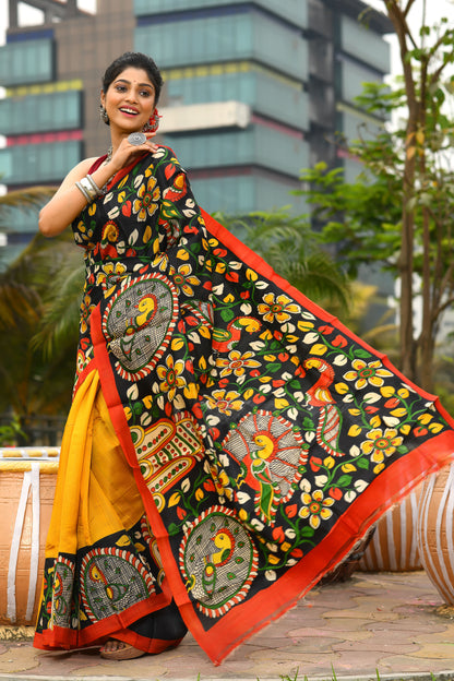 Floral Hand Painted Kalamkari Silk Mark Certified Tussar Silk Sarees