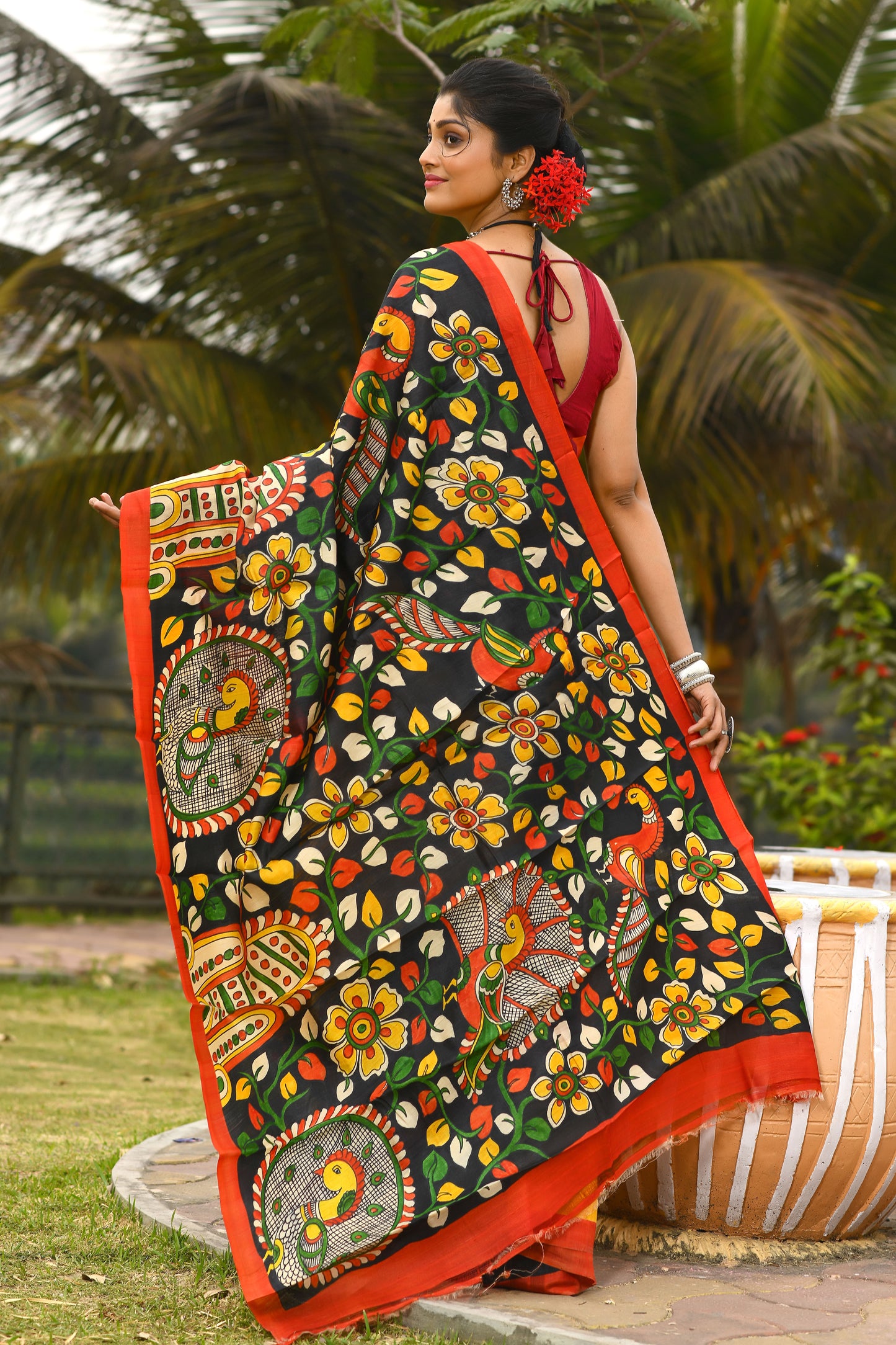 Floral Hand Painted Kalamkari Silk Mark Certified Tussar Silk Sarees