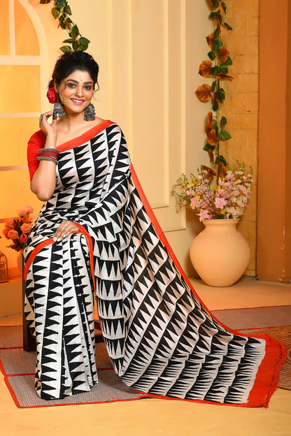 White Black Block Printed Handloom Pure Silk Sarees