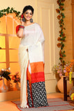 Of -White Block Printed Handloom Pure Silk Sarees Get Extra 10% Discount on All Prepaid Transaction