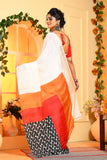 Of -White Block Printed Handloom Pure Silk Sarees Get Extra 10% Discount on All Prepaid Transaction