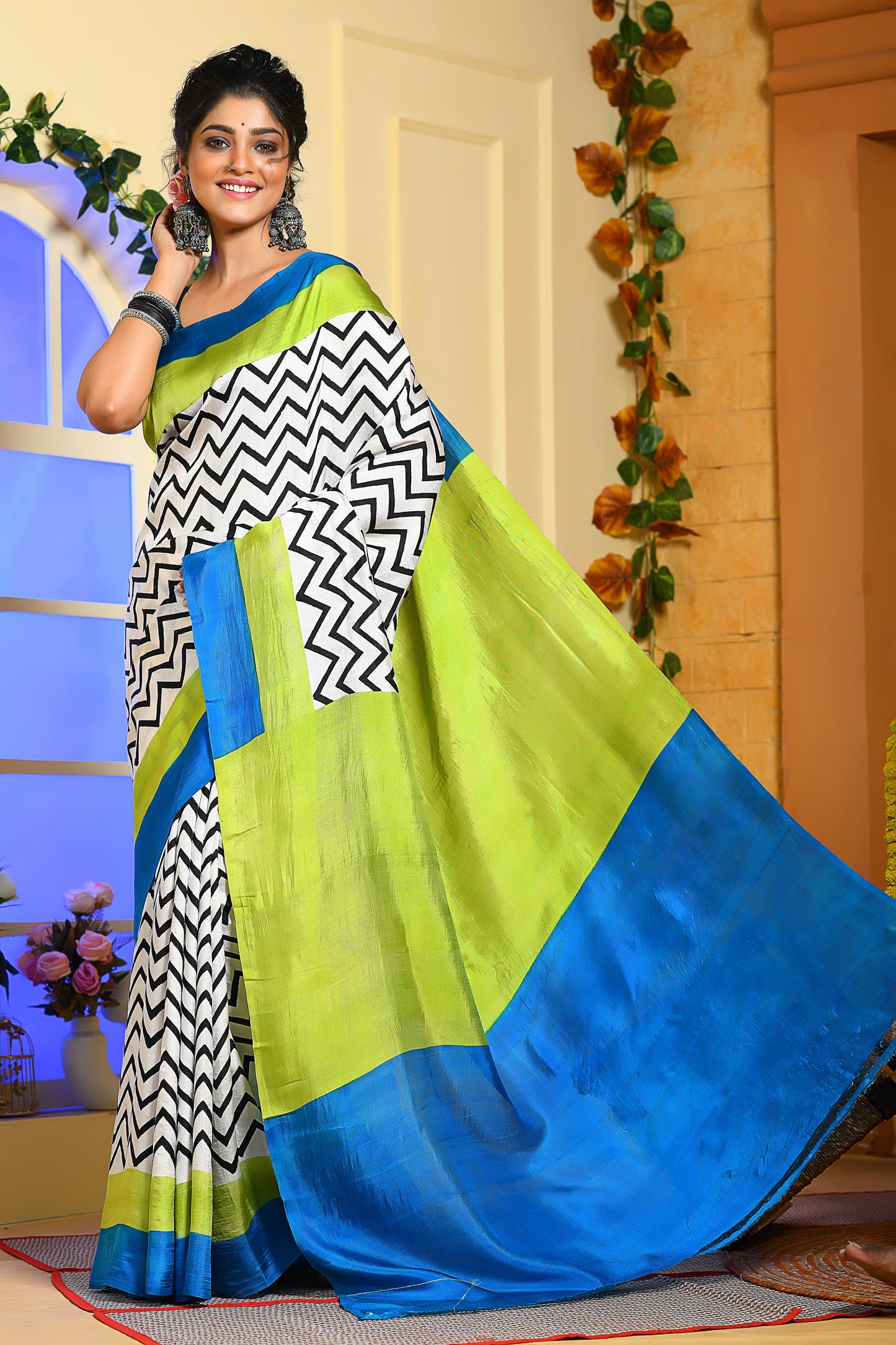 Blue Green Block Printed Handloom Pure Silk Sarees