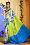Blue Green Block Printed Handloom Pure Silk Sarees