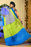 Blue Green Block Printed Handloom Pure Silk Sarees