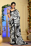 White And Black Hand Painted Handloom Pure Silk Sarees