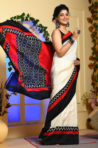 Red Black Block Printed Handloom Pure Silk Sarees