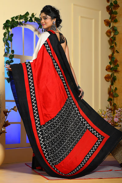 Red Black Block Printed Handloom Pure Silk Sarees