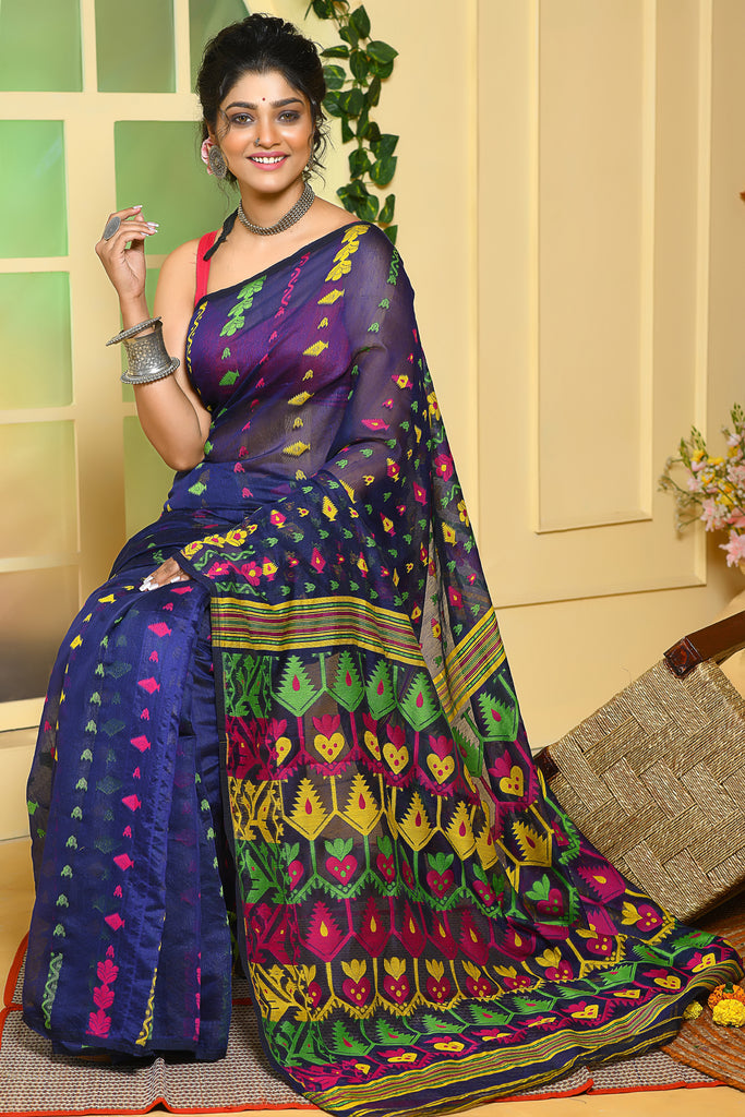 Royal Blue Dhakai Jamdani Saree – Howrah Stores Online