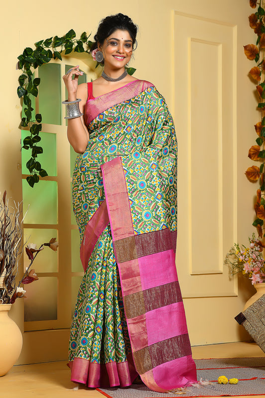 Green Patola Block Printed Zari  Pure Silk Mark Certified Tussar Silk Sarees