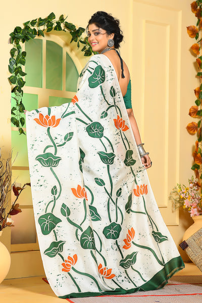 Floral Off White Hand Painted Handloom Pure Silk Sarees