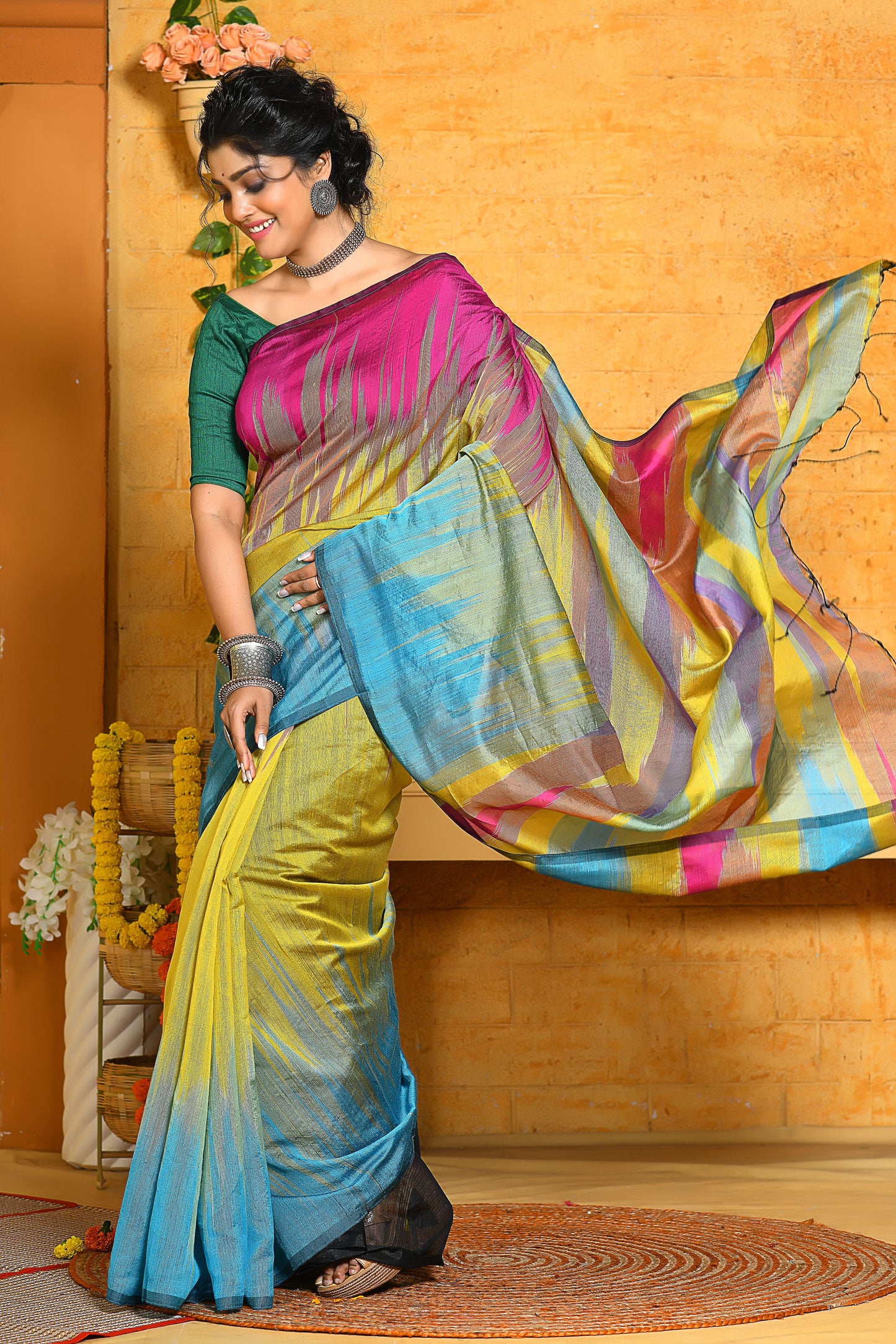 Multi Color Sequins Handloom Ikkat Cotton Saree