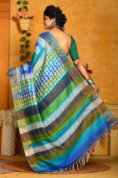 Multi Colour Block Printed  Zari Border Pure Silk Mark Certified Tussar Silk Sarees