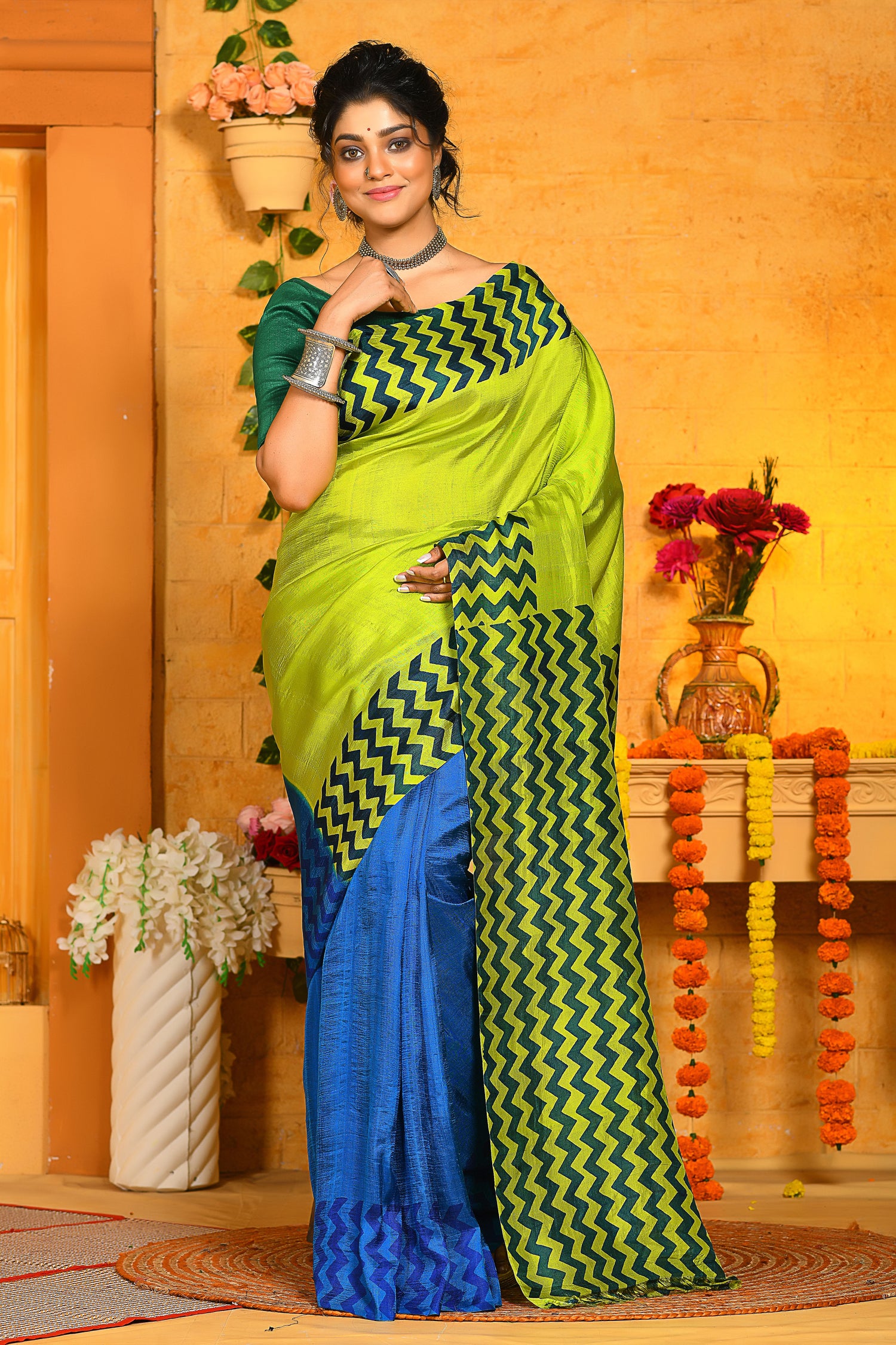 Neon Block Printed Silk Mark Certified Pure Murshidabad Silk Sarees - Dailybuyys